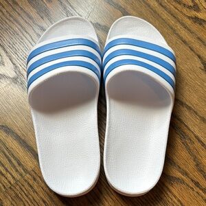 Adidas White Slides with Blue Accents